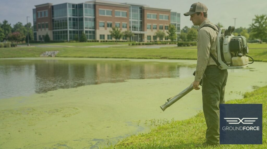 A licensed vegetation management technician preparing algaecide application equipment beside a bloom-covered Georgia stormwater retention pond.