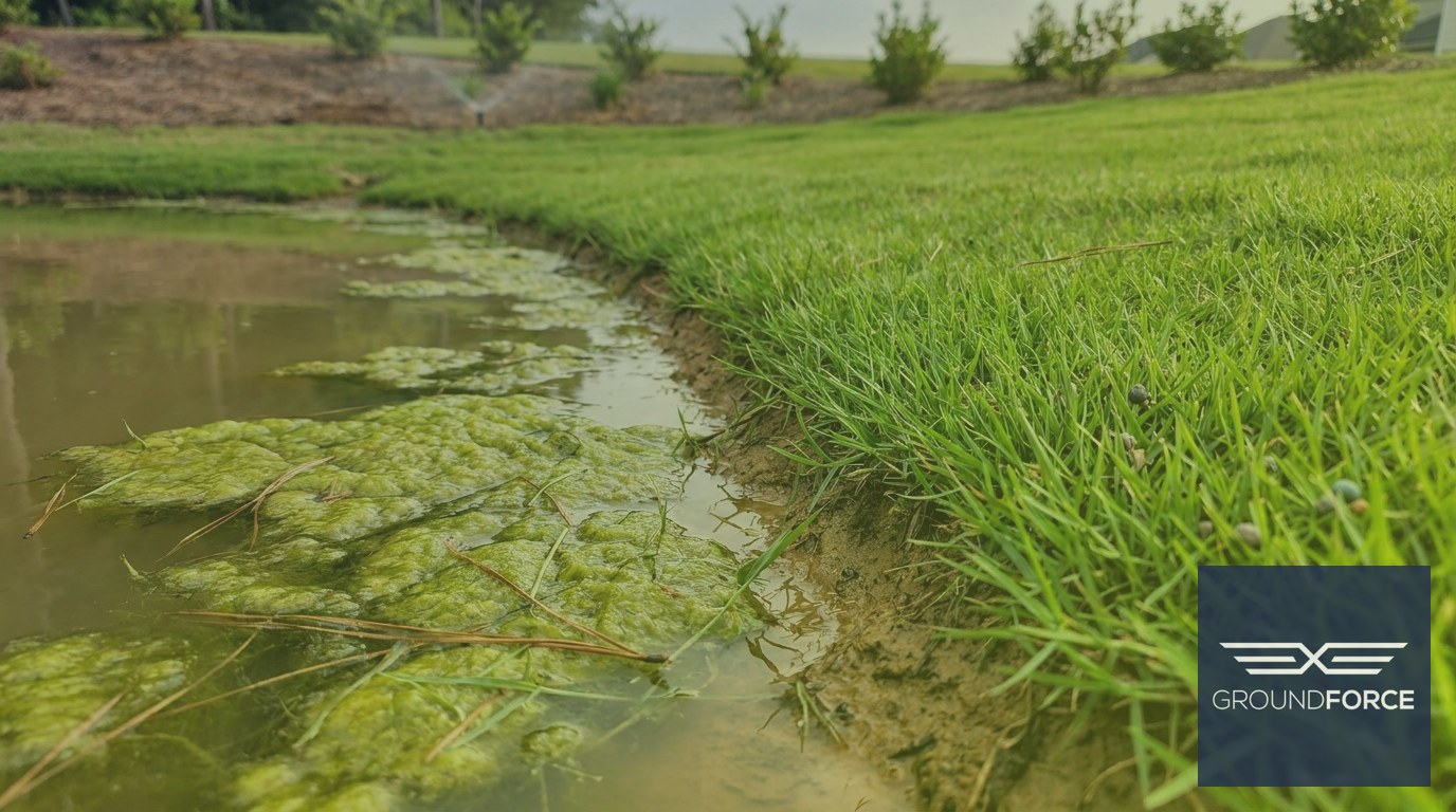 Dense filamentous algae mats accumulating along the shoreline of a shallow Georgia retention pond bordered by fertilized turf grass.