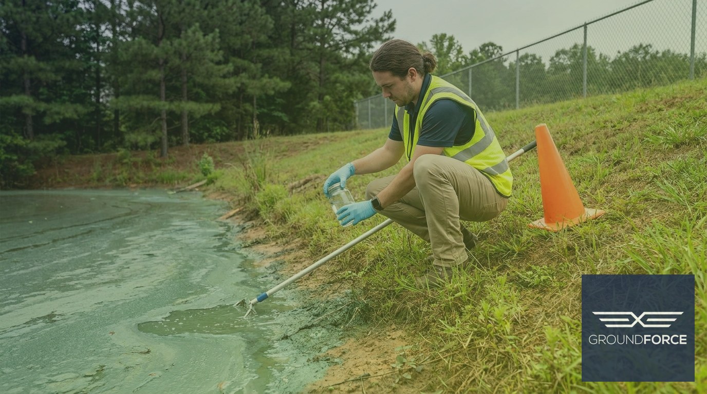 A vegetation management technician collecting a water sample from a Georgia retention pond with a visible blue-green cyanobacteria surface scum.