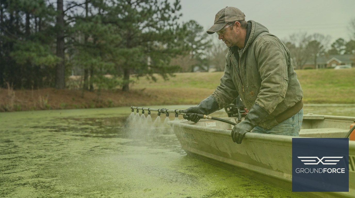 A licensed pesticide applicator treating an active algae bloom in a Georgia retention pond from a flat-bottomed application boat.