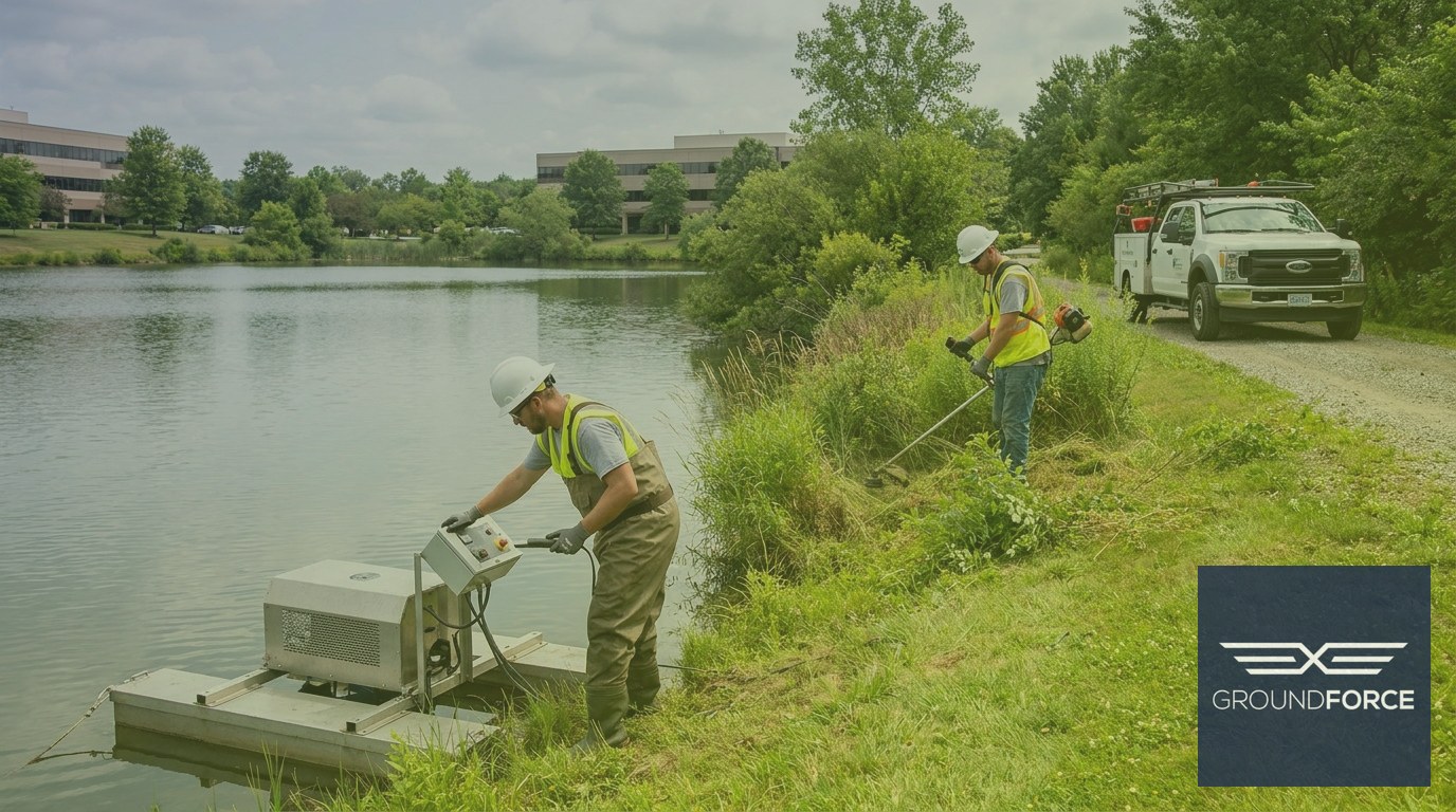A vegetation management crew performing integrated pond maintenance including aeration and buffer vegetation trimming at a Georgia commercial campus retention pond.