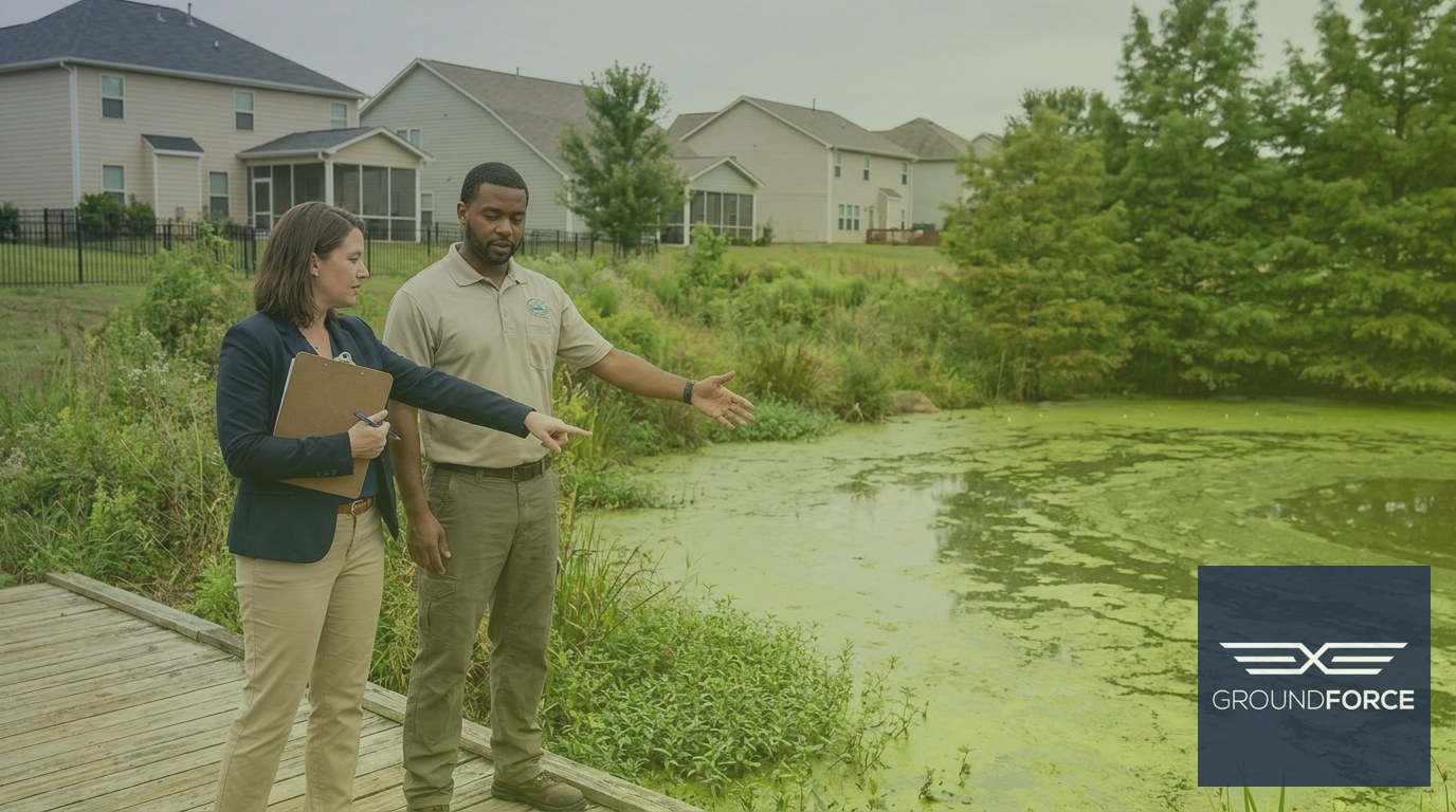 A property manager and pond management technician conducting a stormwater retention pond compliance assessment at a Georgia HOA community.