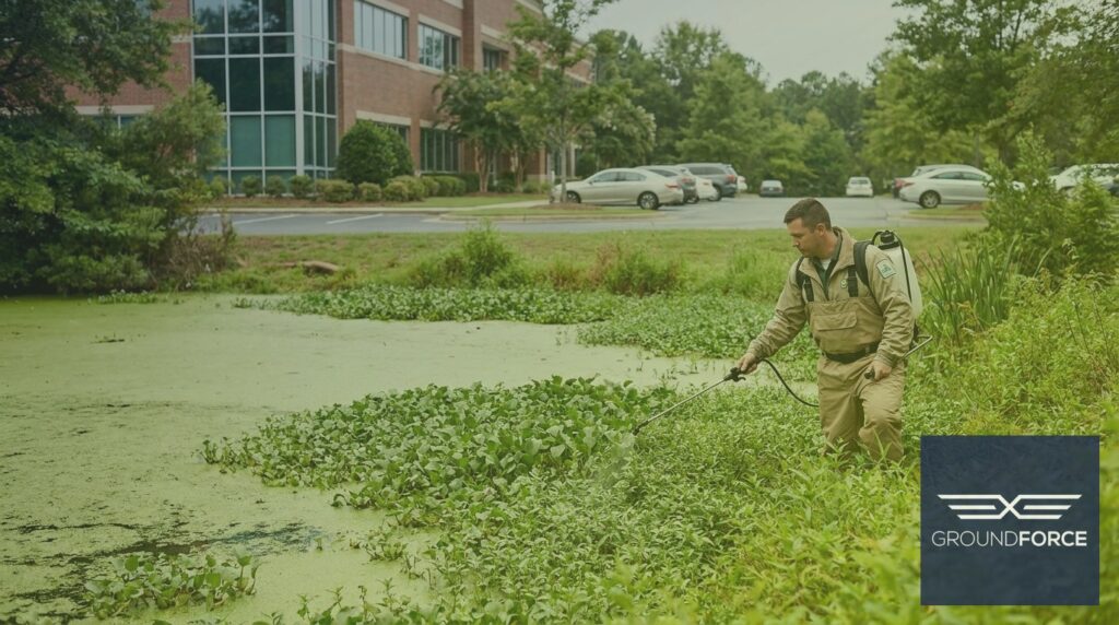 A licensed aquatic weed control technician inspecting invasive vegetation overtaking a commercial retention pond in Georgia.