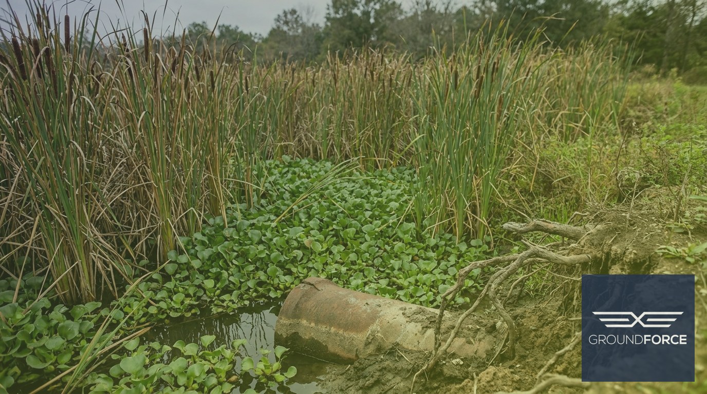 Invasive cattails and water hyacinth crowding the margin and outfall structure of a Georgia stormwater retention pond.