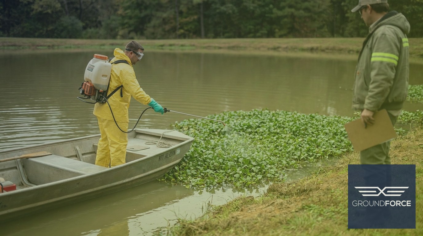 An aquatic herbicide applicator treating invasive weeds from a boat on a Georgia commercial retention pond.