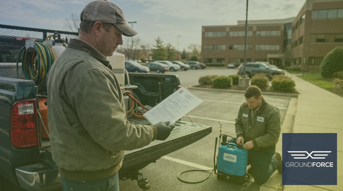 A licensed aquatic pesticide applicator reviewing a Georgia EPD permit before a retention pond treatment service.