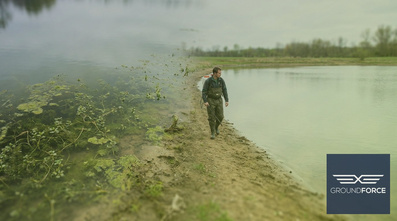 A vegetation management technician walking the bank of a Georgia retention pond during a recurring aquatic weed treatment program.