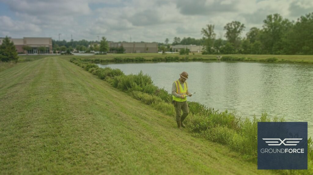 A vegetation management crew member inspecting the grassed berm and shoreline of a commercial retention pond.