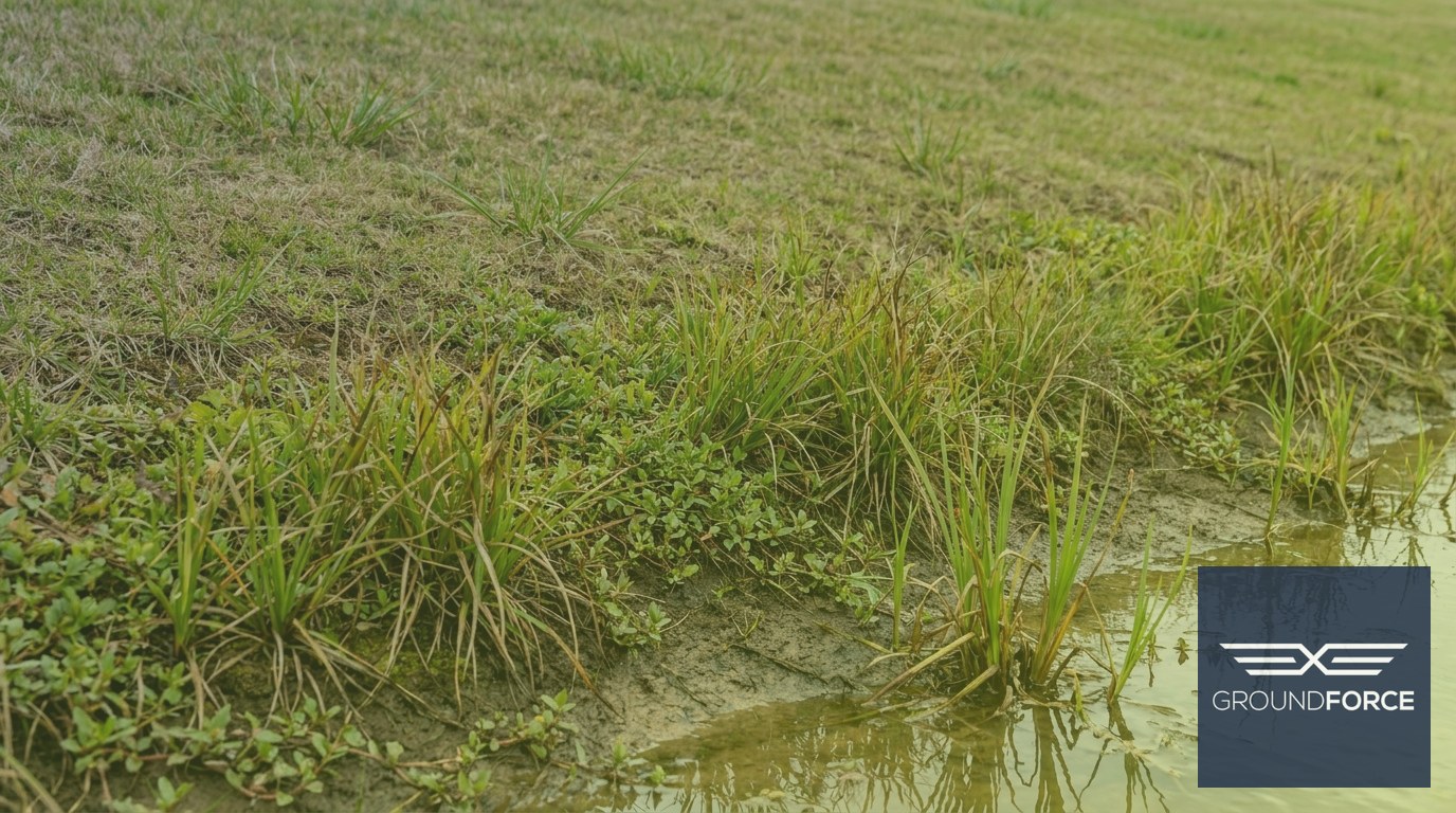 Three distinct vegetation zones on a retention pond bank, from upland turf grass to transitional groundcover to emergent shoreline plants.