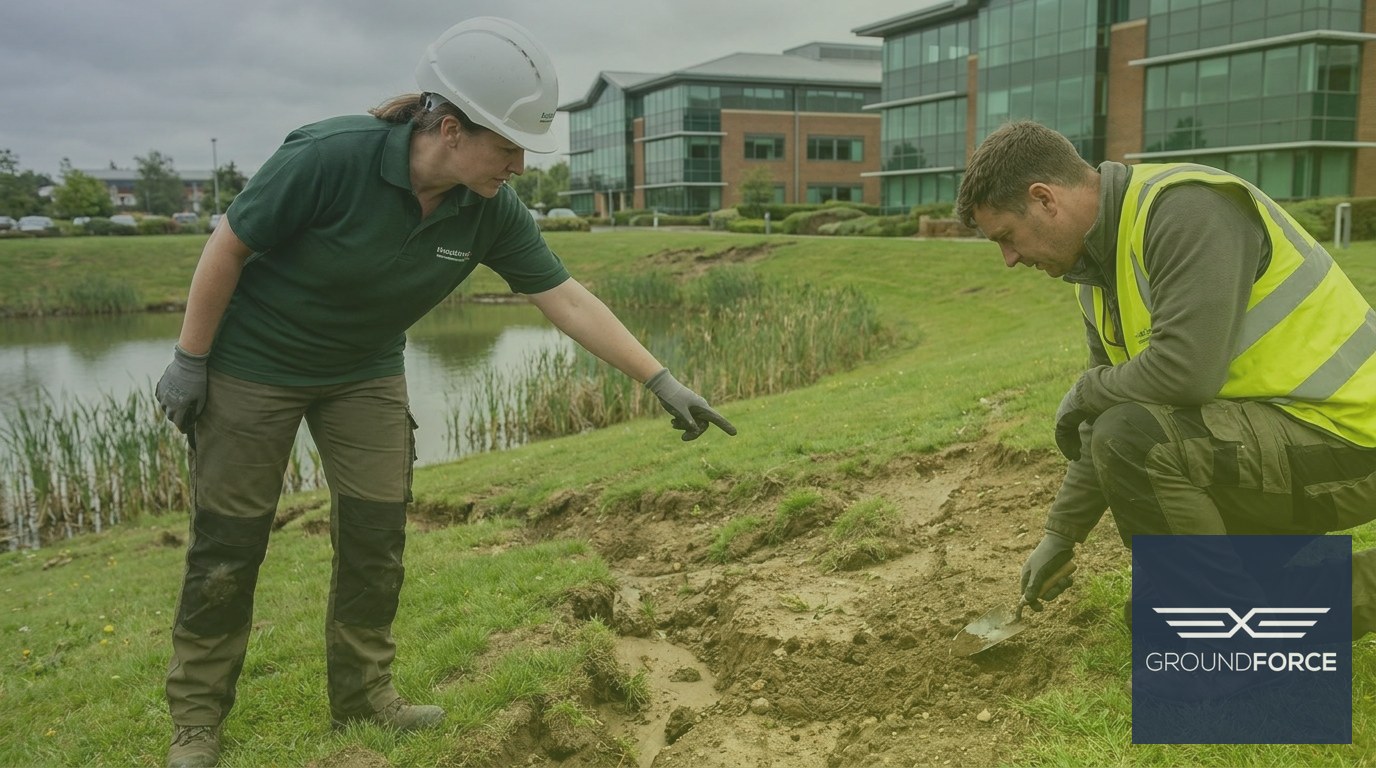 A property manager and landscaping professional examining an eroded retention pond berm slope on a commercial property.