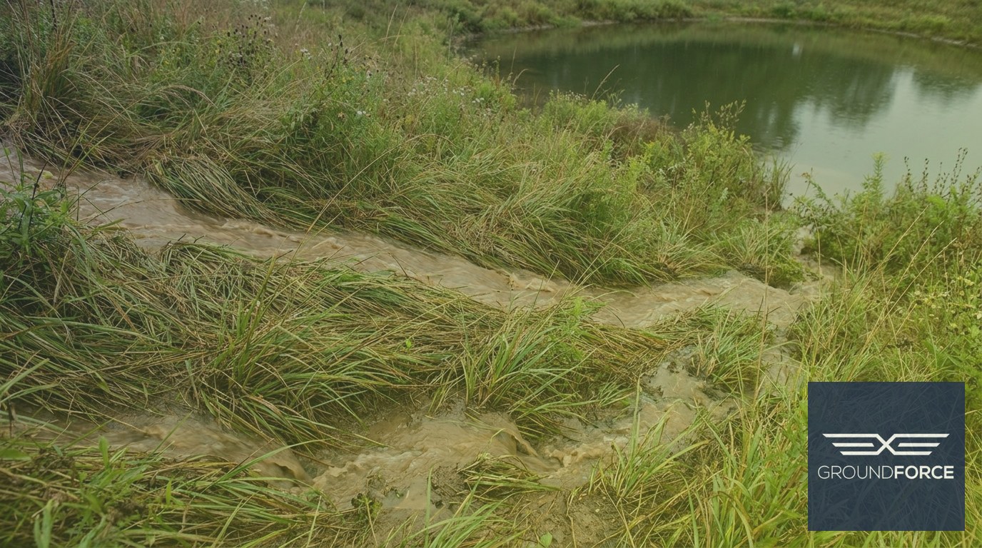 Dense native buffer vegetation on a retention pond bank slowing sheet-flow runoff and trapping sediment before it enters the pond.