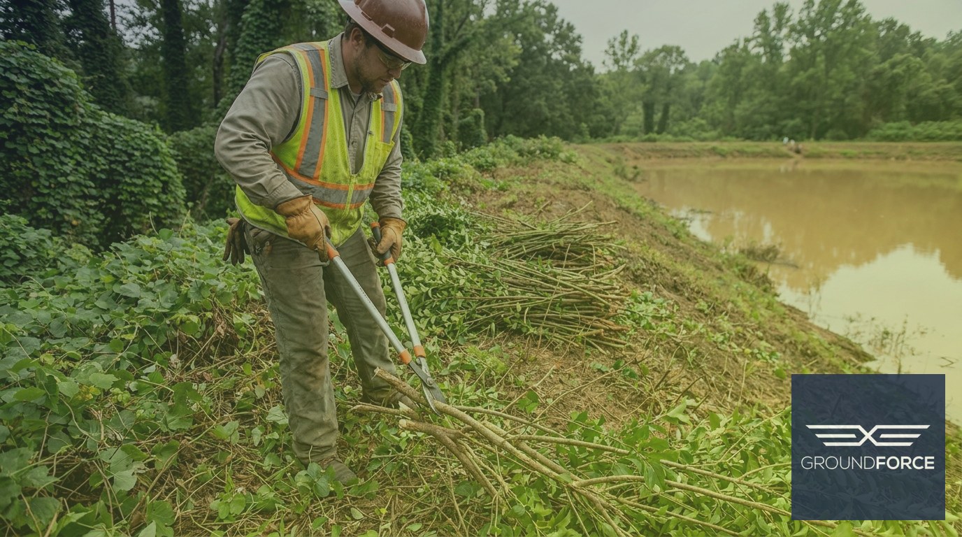 A vegetation management worker removing invasive Chinese privet shrubs from a Georgia retention pond berm.