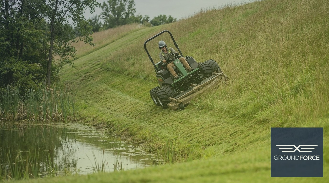 A slope mower operator cutting grass on a steep retention pond berm at a controlled mowing height.