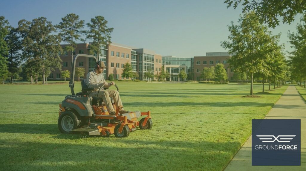 A commercial turf care crew mowing a large office campus lawn in Georgia.