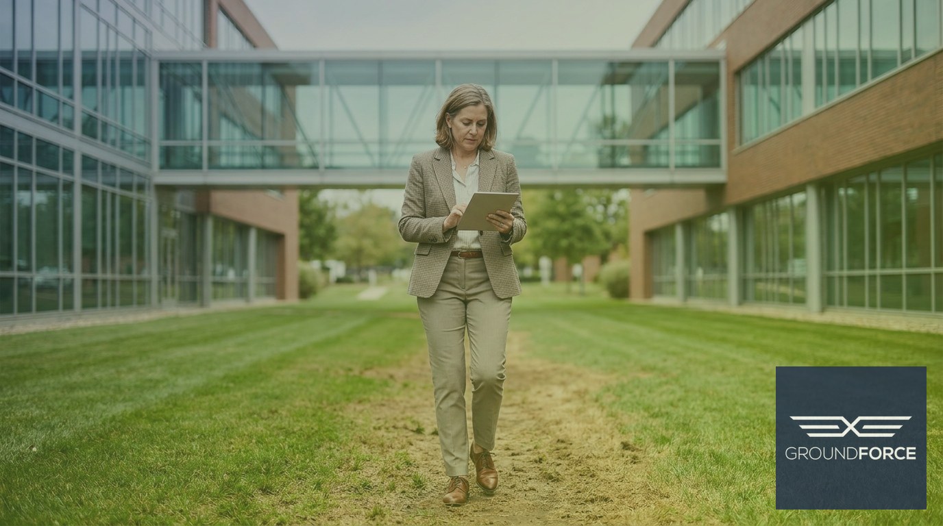 A property manager inspecting the turf along a contiguous business park frontage.
