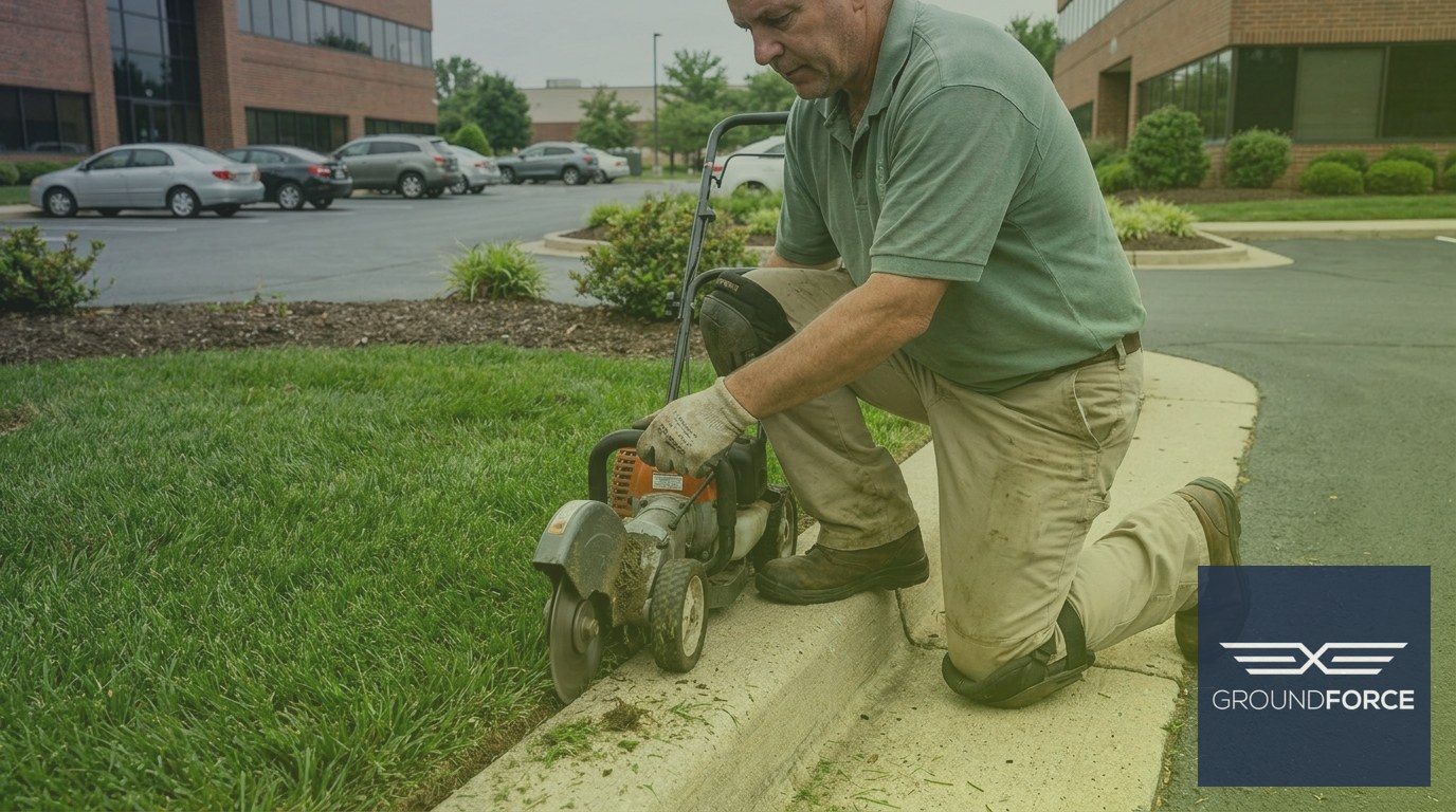 A grounds technician edging turf along a parking island curb at a commercial business park.