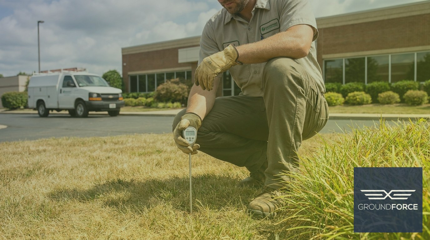A turf care technician taking a soil temperature reading on a business park lawn in Georgia.
