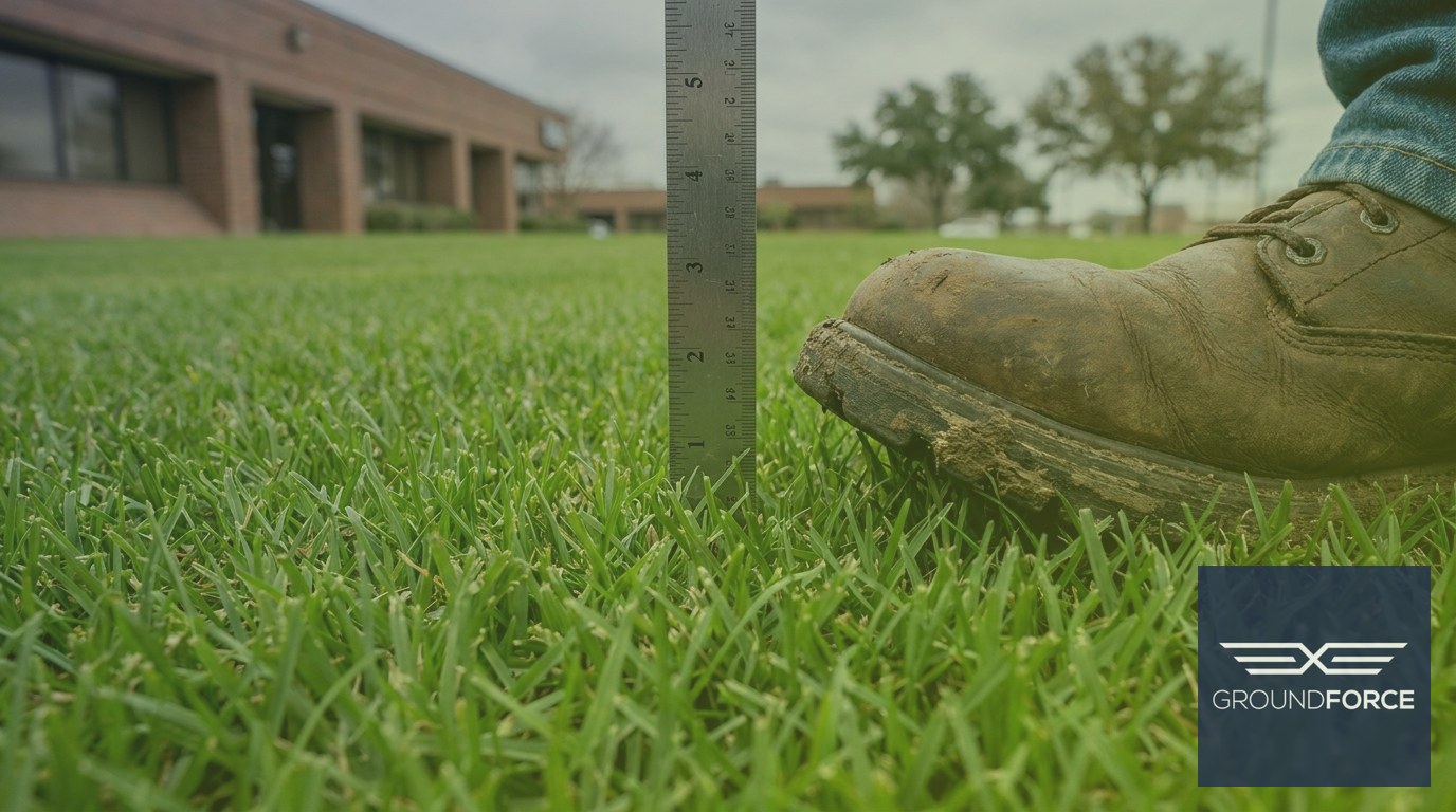 A grounds worker checking the mowing height of Bermuda grass on a Georgia office campus.