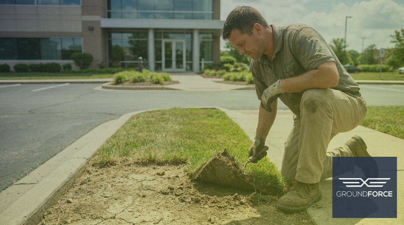 A turf specialist examining a bare patch near a business park entry corridor.