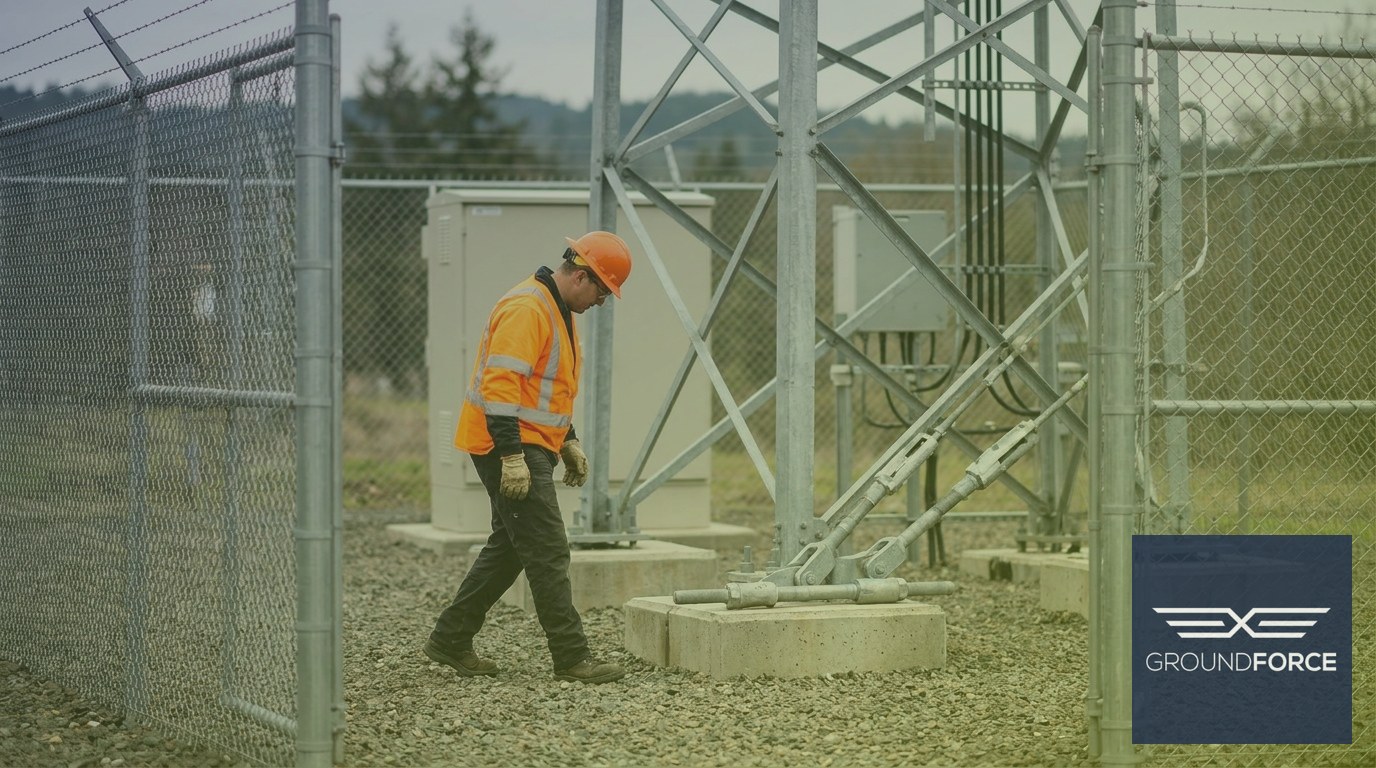 A vegetation management technician inspecting a cleared cell tower base and equipment pad inside a fenced compound.