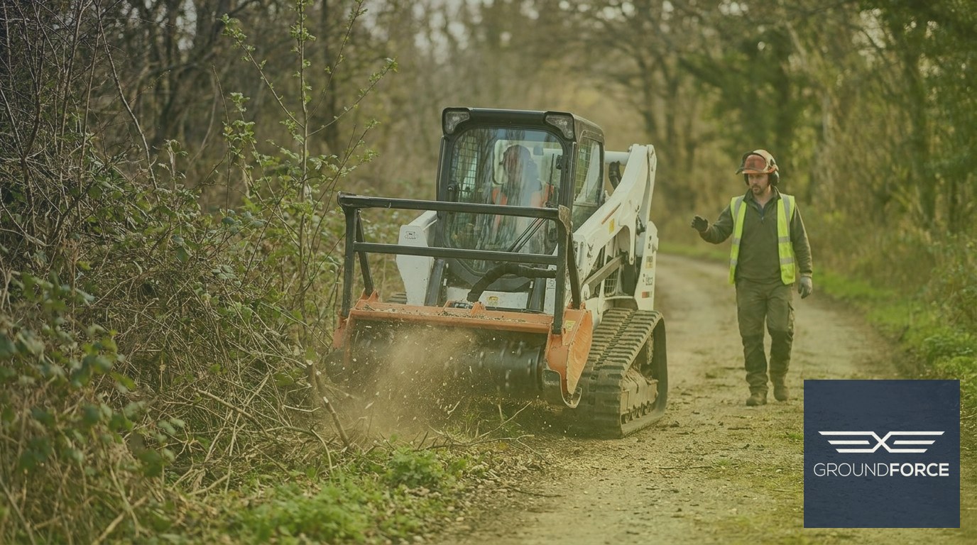A brush-cutting machine clearing overgrown vegetation along a narrow unpaved cell tower access road.