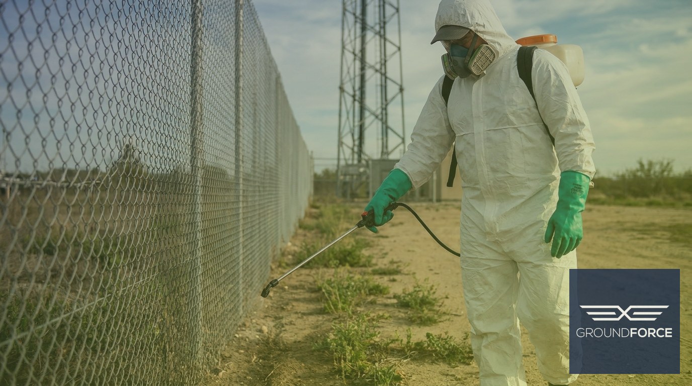 A herbicide technician spraying the perimeter fence line of a cell tower compound to maintain a vegetation-free buffer zone.