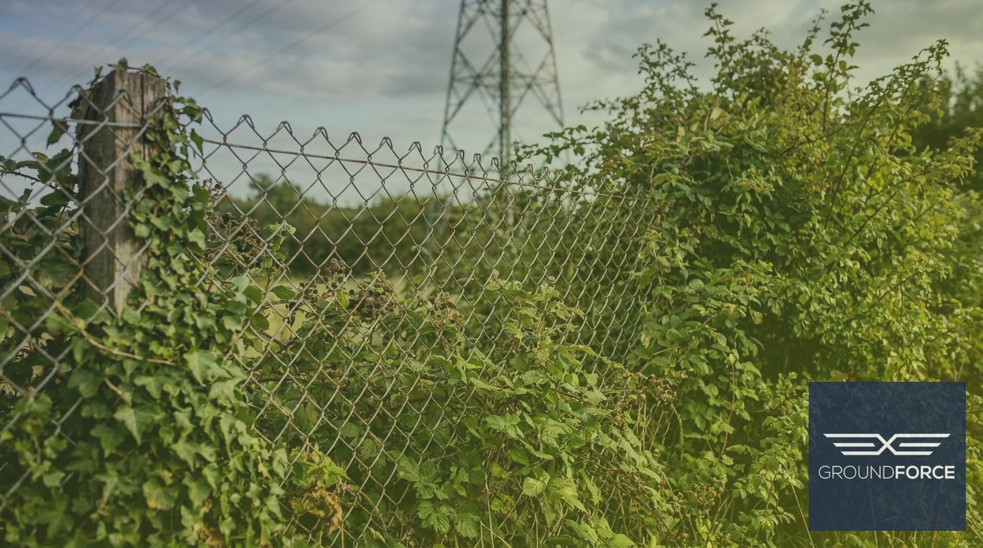 Dense overgrown vegetation pressing against and concealing a cell tower compound perimeter fence.