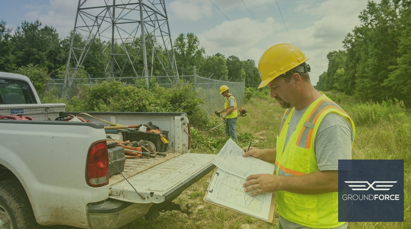 A vegetation management crew leader reviewing service documentation at a cleared cell tower compound after a site visit.