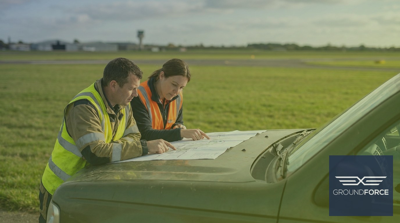 Airport operations officer and vegetation crew supervisor reviewing an airside site plan beside a utility truck on a Georgia airfield.