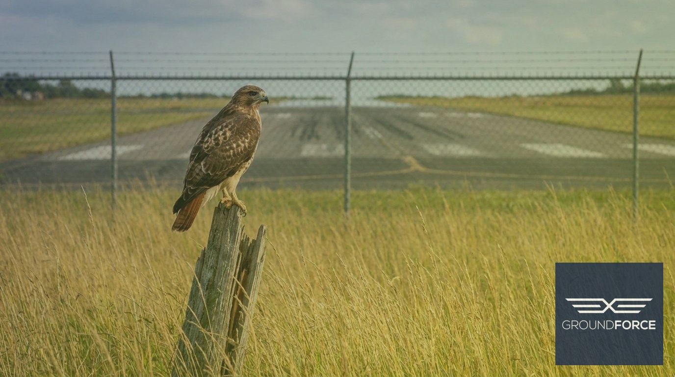 A red-tailed hawk perched beside an unmowed grass field along an airport perimeter fence, illustrating wildlife attractant conditions near a runway.