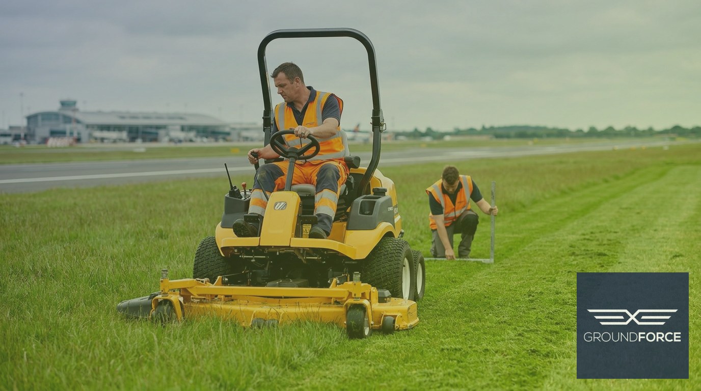 Vegetation management crew mowing and measuring turf height in a runway safety area at a Georgia airport.