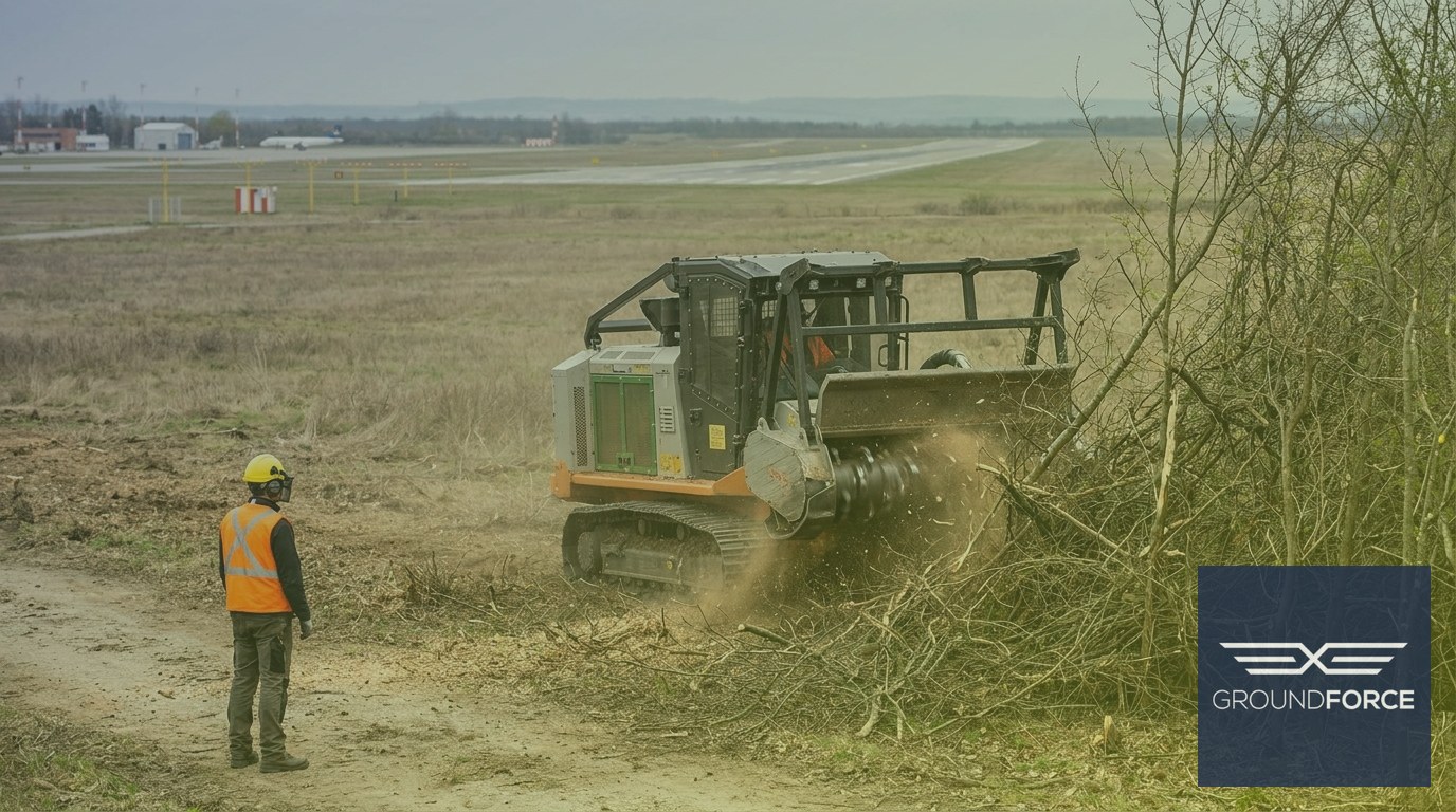 Forestry mulcher removing woody vegetation from an airport approach corridor to meet obstruction clearance standards.
