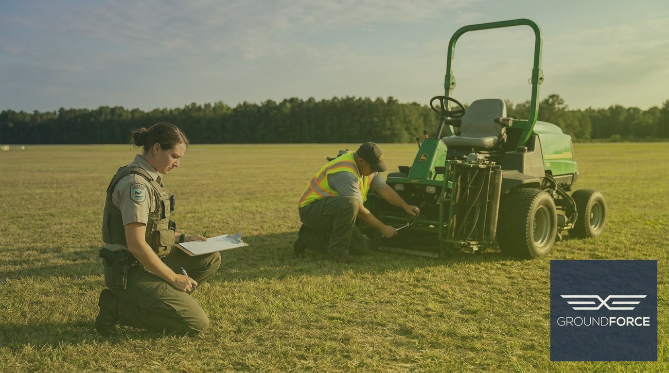Airport wildlife biologist and vegetation crew member conducting a habitat inspection on a managed airfield turf area.
