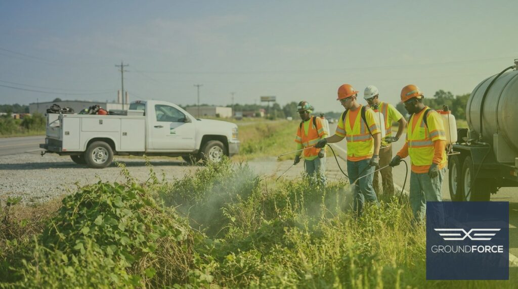 A commercial vegetation management crew treating overgrown right-of-way vegetation along a Georgia industrial corridor.