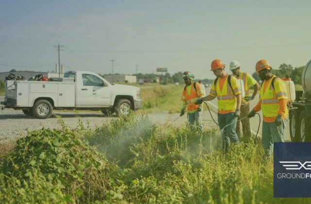 A commercial vegetation management crew treating overgrown right-of-way vegetation along a Georgia industrial corridor.