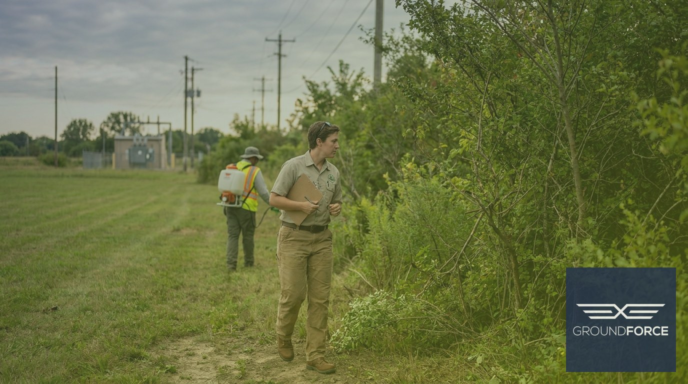 A vegetation management specialist conducting a site inspection at a large commercial property ahead of a treatment operation.