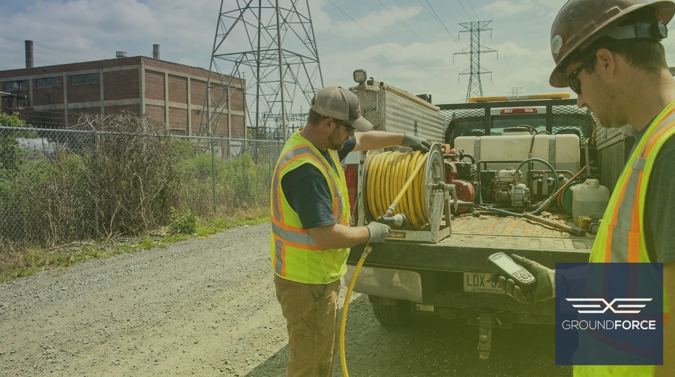 Two vegetation management professionals unloading spray equipment from a service truck parked at a Georgia industrial facility.