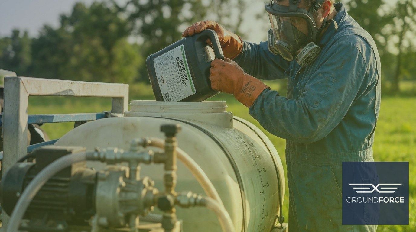 A licensed pesticide applicator in full protective equipment mixing herbicide concentrate into a calibrated tank on a professional spray rig.