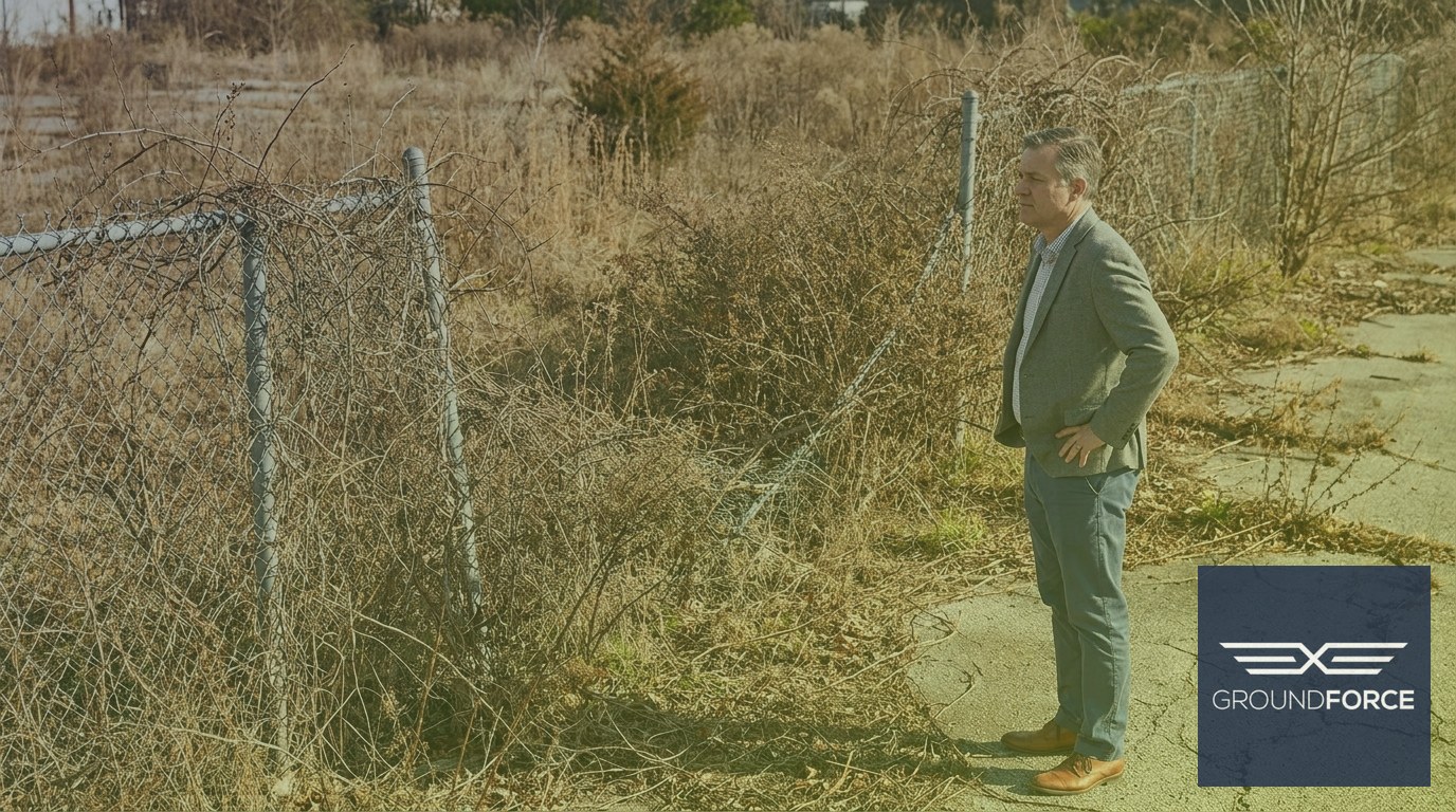 A property manager surveying a commercial lot overtaken by invasive vegetation growth following failed vegetation management work.