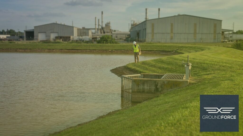 A maintained industrial retention pond with grassy berms and a concrete outlet structure beside a Georgia manufacturing facility.