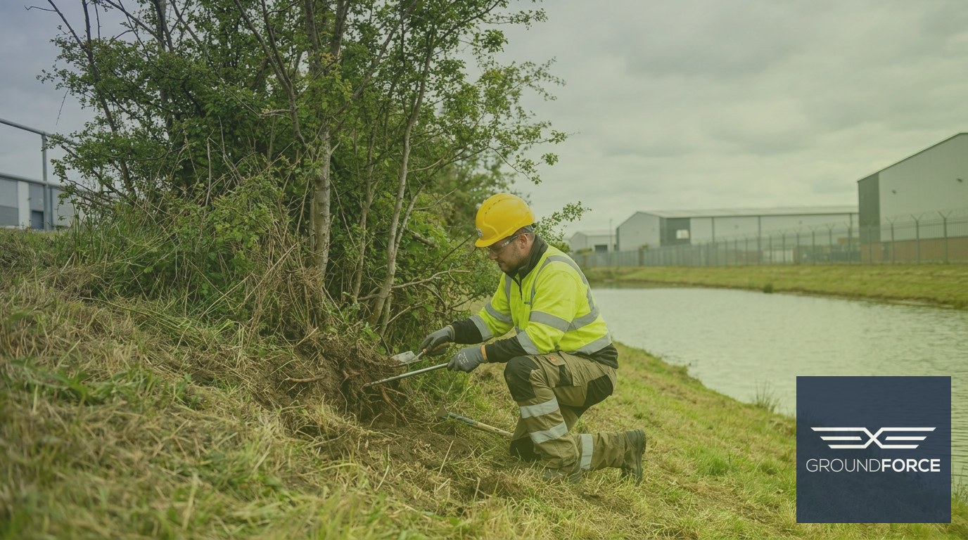 A vegetation technician examining woody brush encroachment on an industrial retention pond embankment.