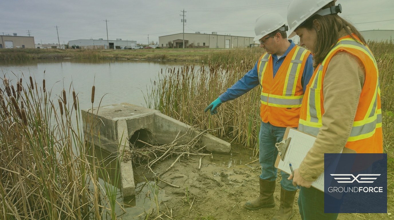 Two inspectors examining a retention pond outlet structure partially blocked by dense cattail vegetation during a field compliance visit.