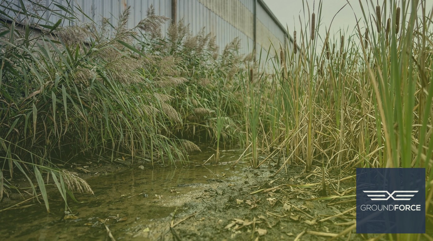 Dense Phragmites reeds and cattails overtaking the bank of an industrial retention pond with visible sediment accumulation.