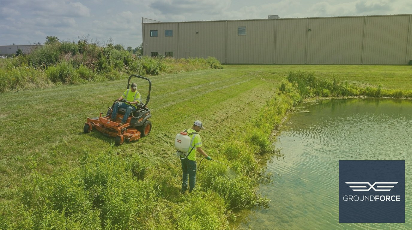 A vegetation management crew mowing a retention pond berm and applying herbicide treatment at an industrial facility in Georgia.