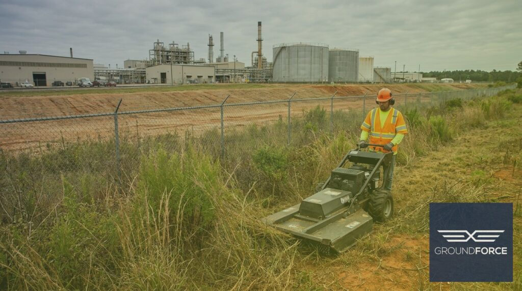 A vegetation management crew clearing overgrown brush along a manufacturing facility perimeter fenceline.