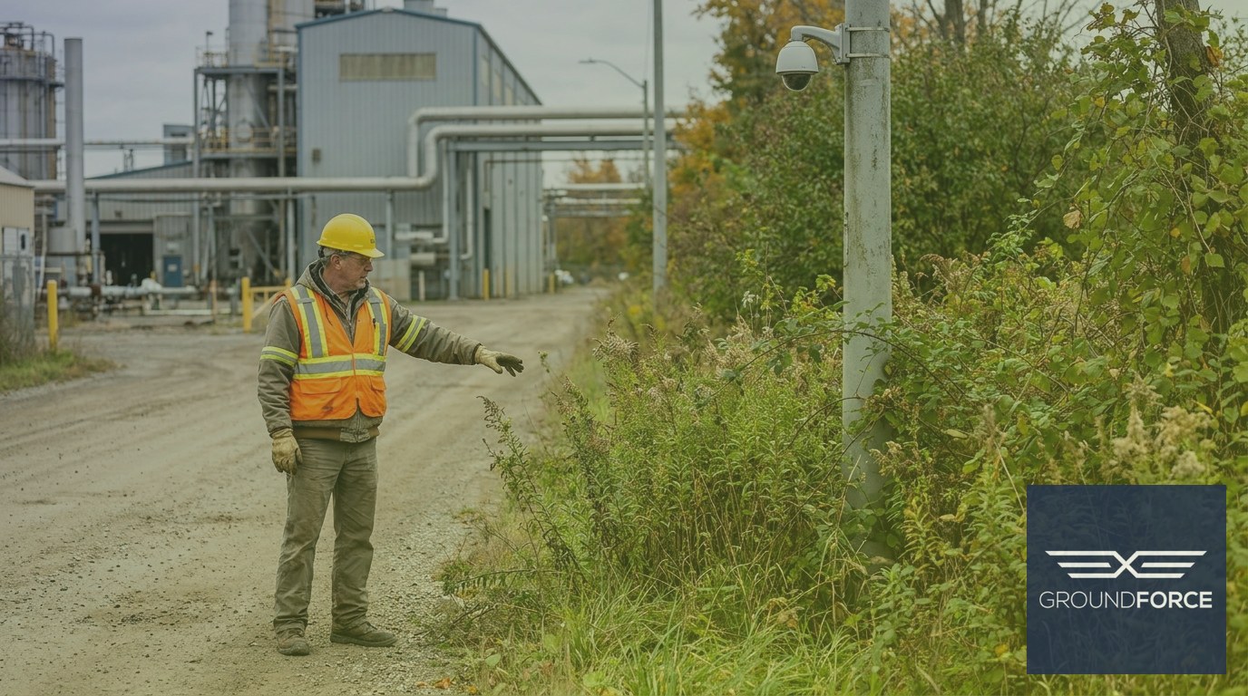 A plant facility manager inspecting overgrown vegetation encroaching on a manufacturing site's internal access road.