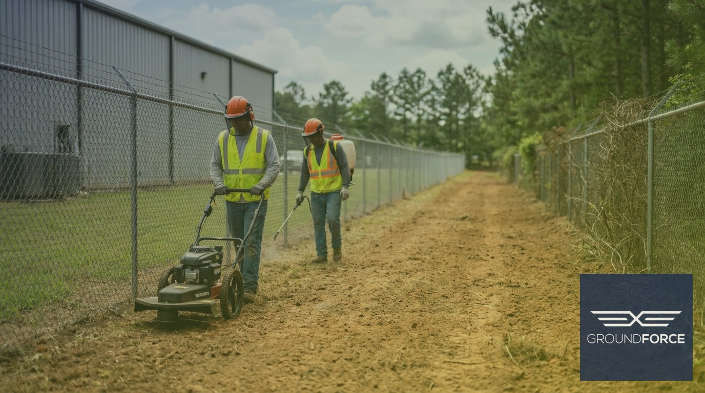 Vegetation management workers using mechanical and chemical control methods along a manufacturing facility fenceline.