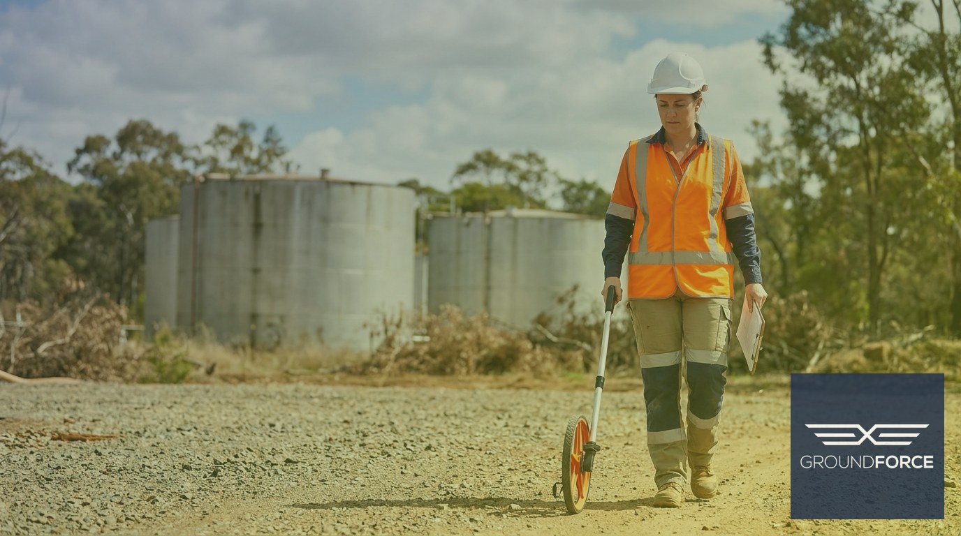 A safety compliance officer measuring vegetation buffer clearance around fuel storage tanks at a manufacturing facility.