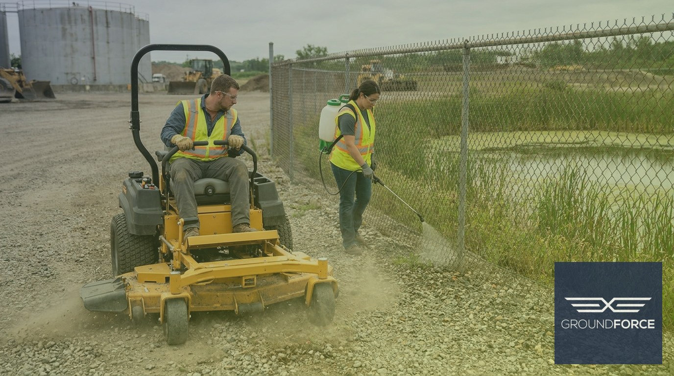 A vegetation management crew using mechanical mowing and targeted herbicide application across zones of an industrial manufacturing yard.