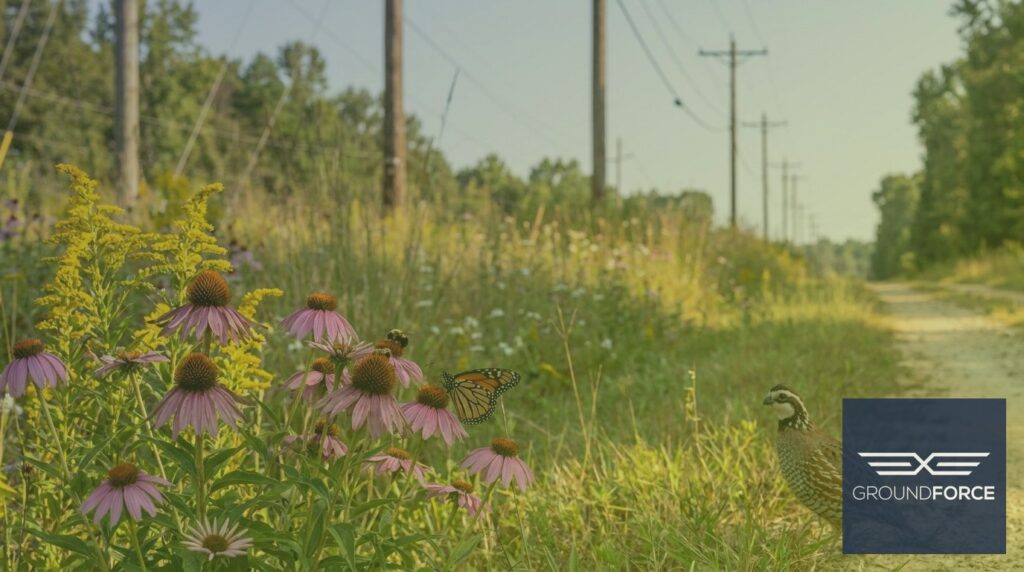 A Georgia utility corridor with a low-grow native plant community supporting monarch butterflies, bumblebees, and a northern bobwhite quail among blooming wildflowers.